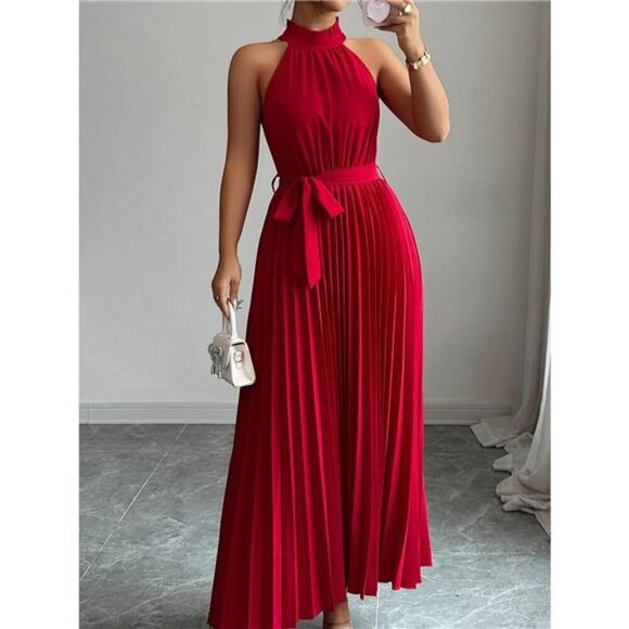 Pleated Halter Neck Tie Waist Maxi Dress - Picture 4 of 8